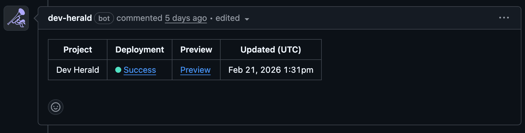Deployment comment showing Success status with a Preview link